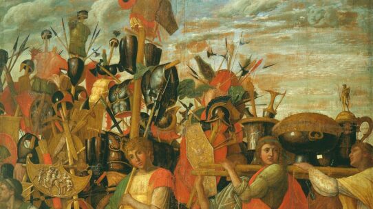 Procession scene from Andrea Mantegna’s series The Triumphs of Caesar, showing bearers carrying trophies, bullion, and spoils of war in a classical triumph.