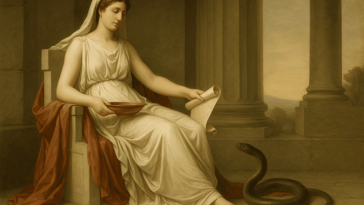 Bona Dea seated on a marble throne with a serpent at her feet, holding a scroll and ritual bowl in a Neoclassical-style 16:9 painting.