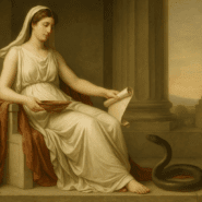 Bona Dea seated on a marble throne with a serpent at her feet, holding a scroll and ritual bowl in a Neoclassical-style 16:9 painting.