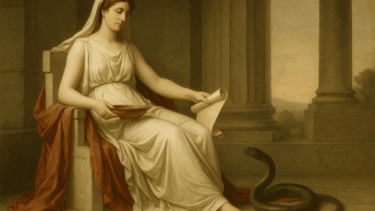Bona Dea seated on a marble throne with a serpent at her feet, holding a scroll and ritual bowl in a Neoclassical-style 16:9 painting.