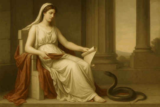 Bona Dea seated on a marble throne with a serpent at her feet, holding a scroll and ritual bowl in a Neoclassical-style 16:9 painting.