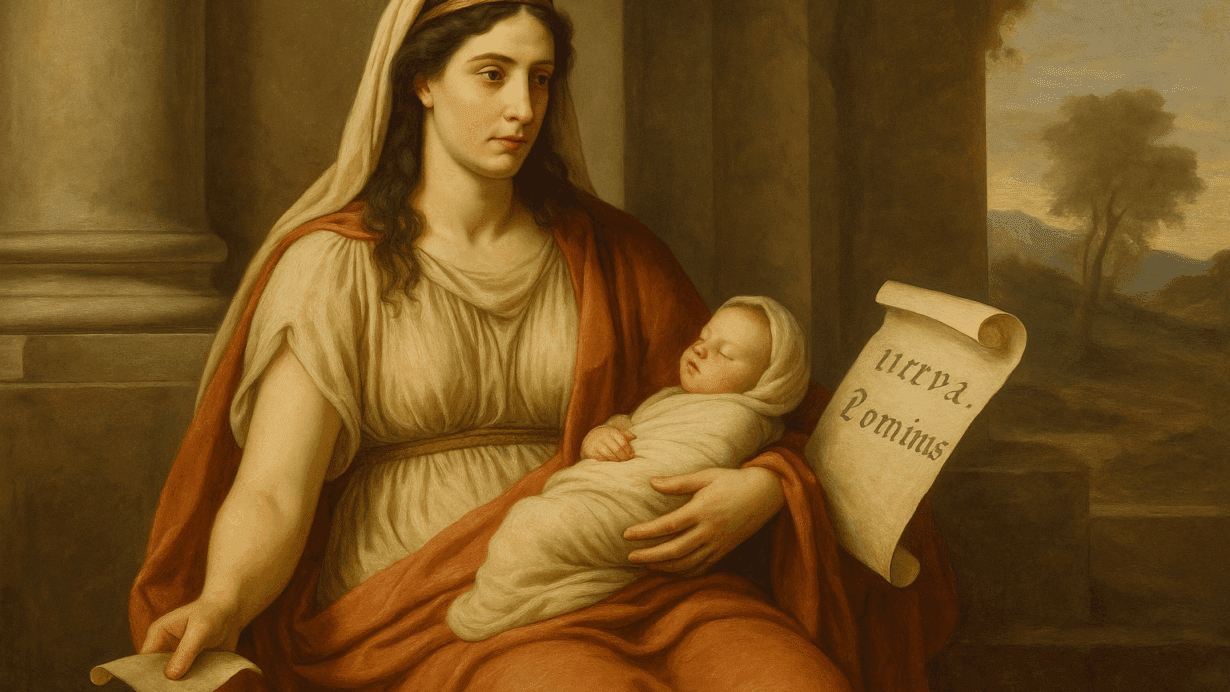 Carmenta, the Roman goddess of prophecy and childbirth, seated with an infant in her arms and holding a prophetic scroll in a classical setting.