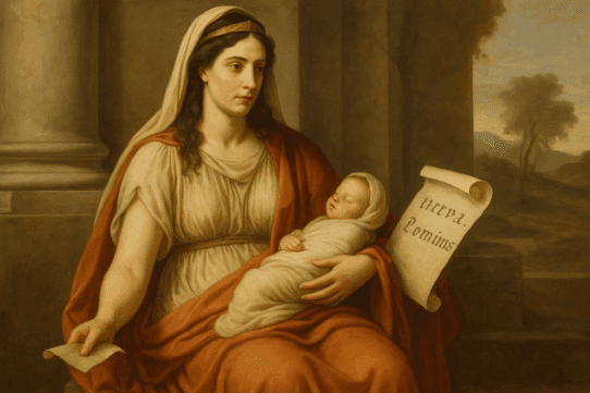 Carmenta, the Roman goddess of prophecy and childbirth, seated with an infant in her arms and holding a prophetic scroll in a classical setting.
