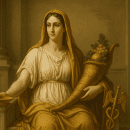 Concordia, the Roman Goddess of Harmony, seated on a marble throne holding a patera and cornucopia with a caduceus beside her, in a classical Roman-style image.