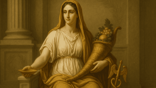 Concordia, the Roman Goddess of Harmony, seated on a marble throne holding a patera and cornucopia with a caduceus beside her, in a classical Roman-style image.