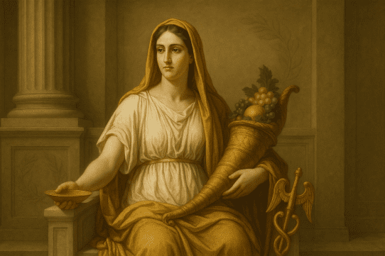 Concordia, the Roman Goddess of Harmony, seated on a marble throne holding a patera and cornucopia with a caduceus beside her, in a classical Roman-style image.