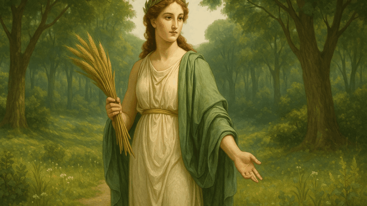 Illustration of Dea Dia, Roman goddess of growth and renewal, standing in a lush grove symbolizing agriculture and flourishing life.