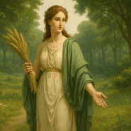 Illustration of Dea Dia, Roman goddess of growth and renewal, standing in a lush grove symbolizing agriculture and flourishing life.