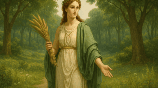 Illustration of Dea Dia, Roman goddess of growth and renewal, standing in a lush grove symbolizing agriculture and flourishing life.