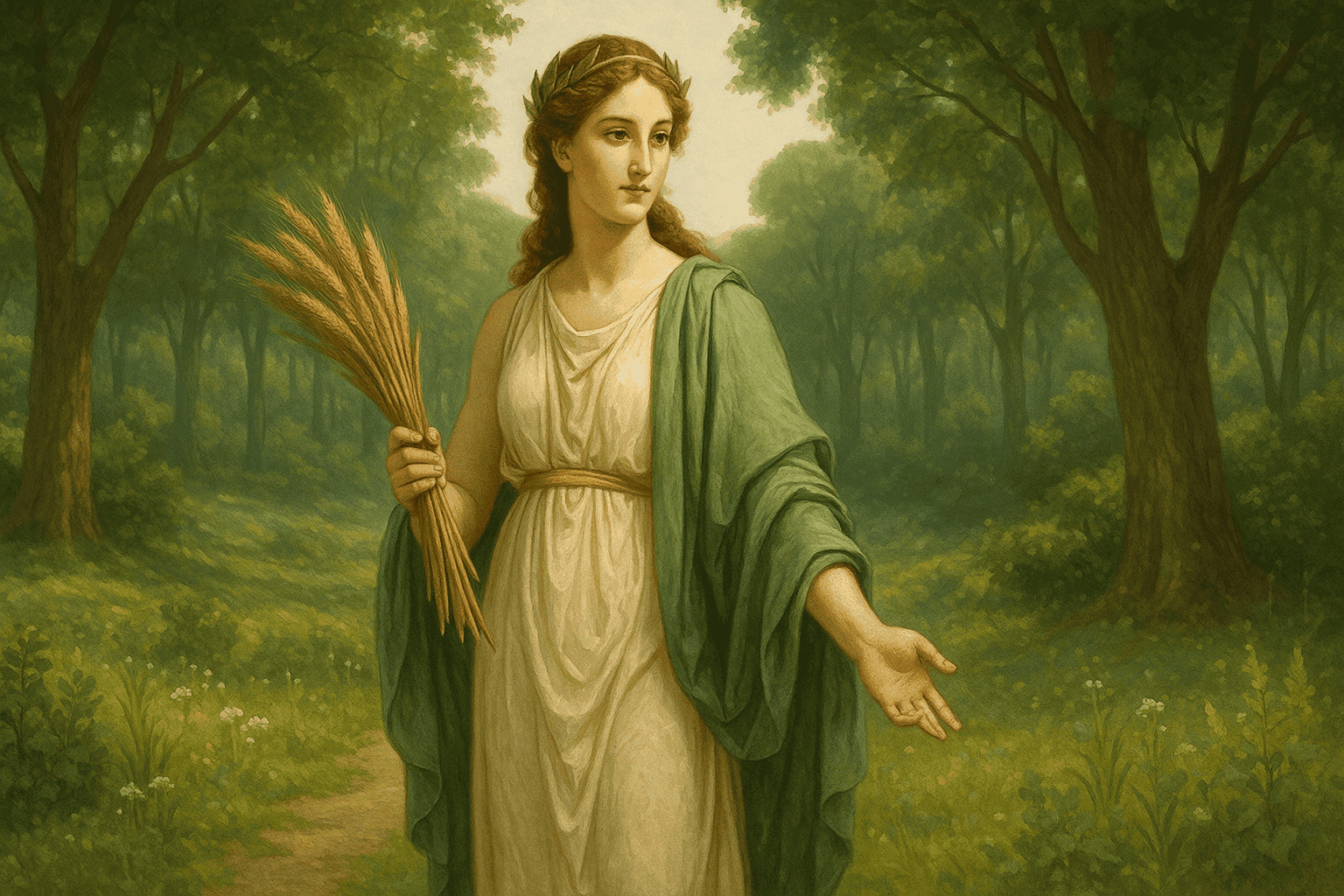 Illustration of Dea Dia, Roman goddess of growth and renewal, standing in a lush grove symbolizing agriculture and flourishing life.