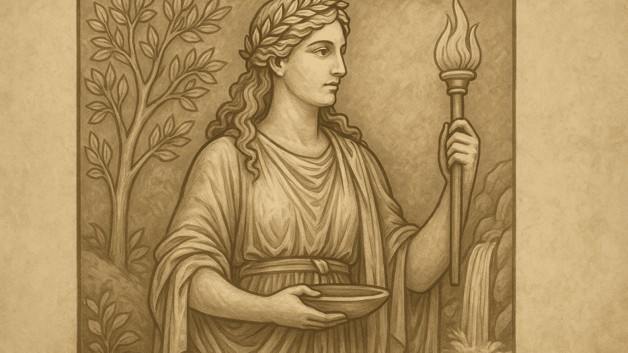 A classical-style illustration of the Roman goddess Feronia holding a torch and offering bowl, framed by a tree and a flowing spring, rendered in warm sepia tones.