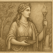 A classical-style illustration of the Roman goddess Feronia holding a torch and offering bowl, framed by a tree and a flowing spring, rendered in warm sepia tones.
