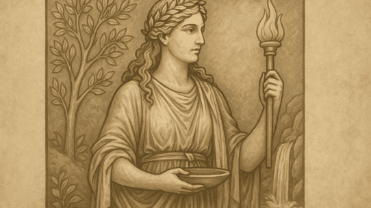 A classical-style illustration of the Roman goddess Feronia holding a torch and offering bowl, framed by a tree and a flowing spring, rendered in warm sepia tones.