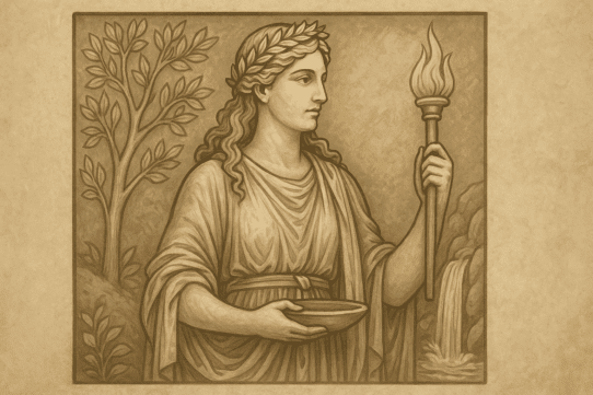 A classical-style illustration of the Roman goddess Feronia holding a torch and offering bowl, framed by a tree and a flowing spring, rendered in warm sepia tones.