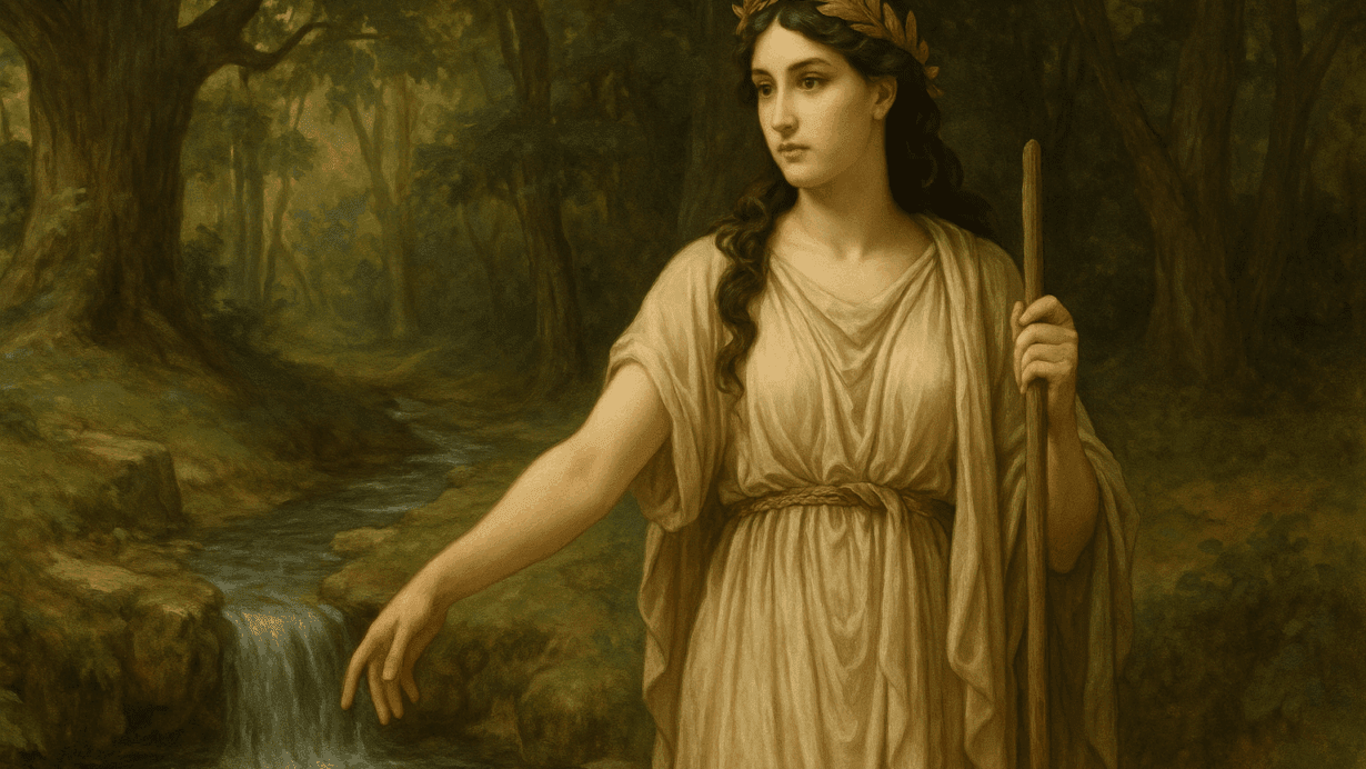 An artistic depiction of Furrina, the Roman goddess of springs, standing beside a flowing natural spring surrounded by a shaded forest grove.