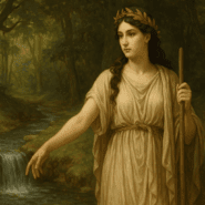 An artistic depiction of Furrina, the Roman goddess of springs, standing beside a flowing natural spring surrounded by a shaded forest grove.