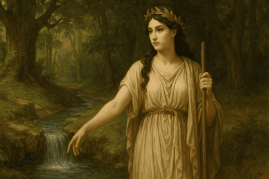 An artistic depiction of Furrina, the Roman goddess of springs, standing beside a flowing natural spring surrounded by a shaded forest grove.