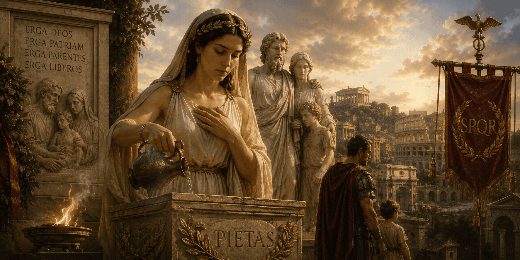 Pietas pours a libation at a Roman altar with sacred fire, family figures, Roman standards, and ancient Rome in the background.