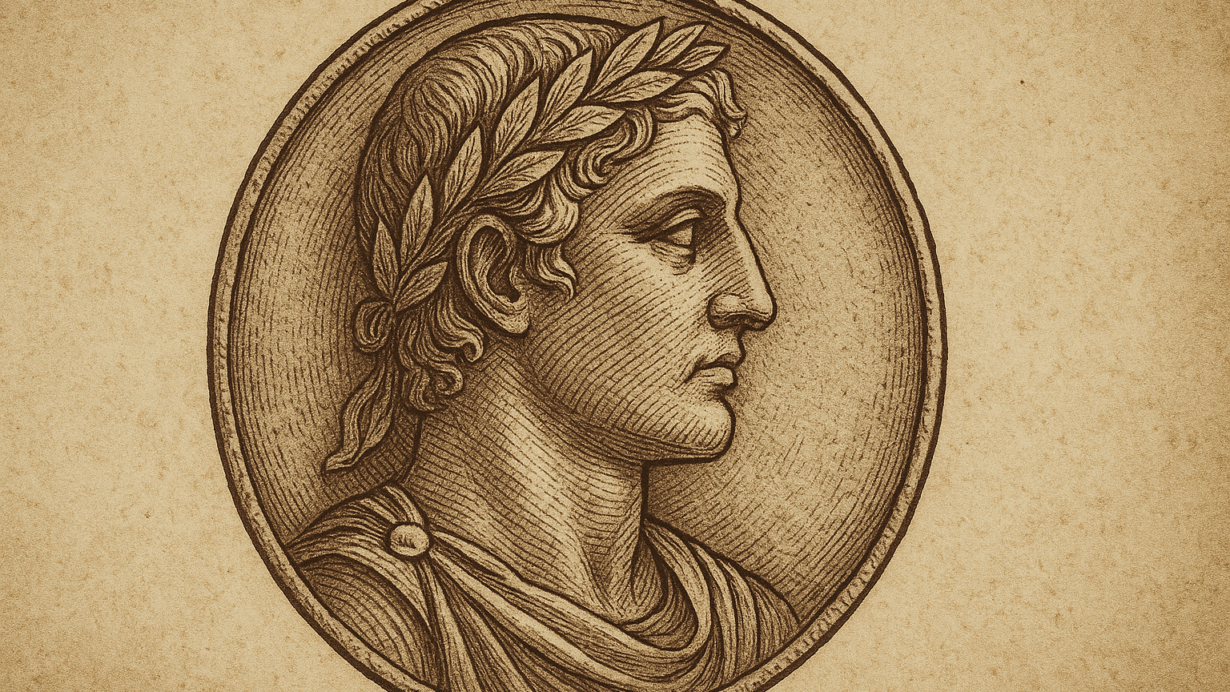 A stylized digital illustration inspired by ancient Roman coins, showing a profile portrait of a male deity with classical features inside a circular medallion, set against a textured stone background.