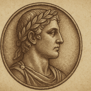 A stylized digital illustration inspired by ancient Roman coins, showing a profile portrait of a male deity with classical features inside a circular medallion, set against a textured stone background.