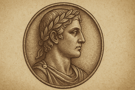 A stylized digital illustration inspired by ancient Roman coins, showing a profile portrait of a male deity with classical features inside a circular medallion, set against a textured stone background.
