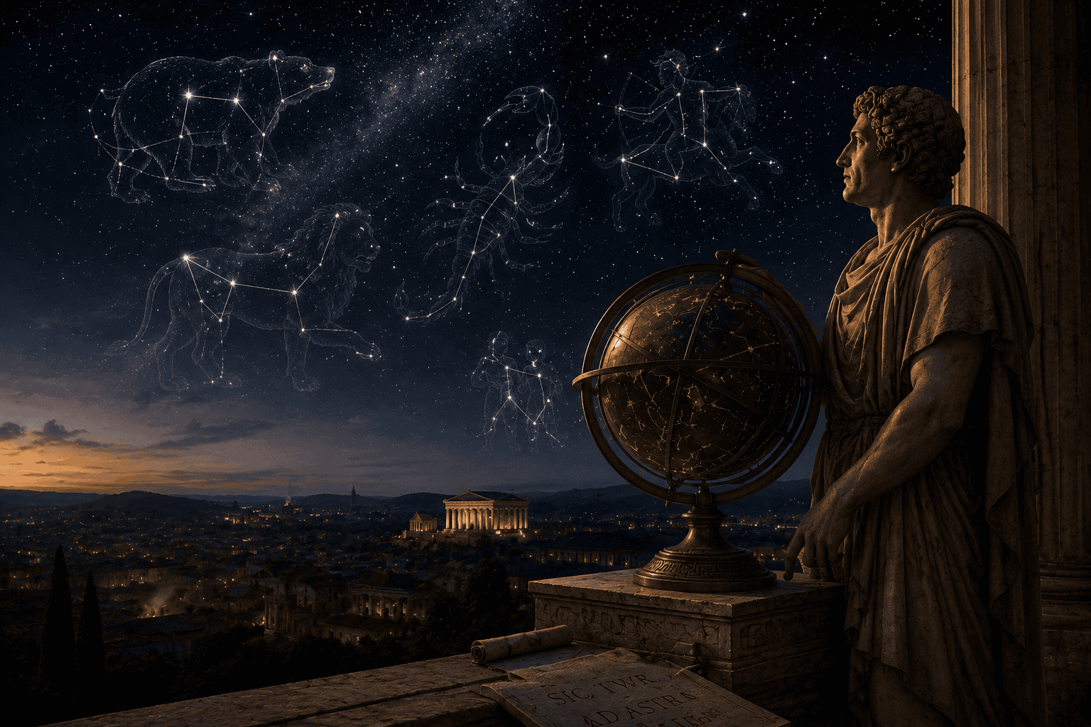 Roman astronomer standing beside an armillary sphere under a starry sky filled with mythic constellations above ancient Rome.