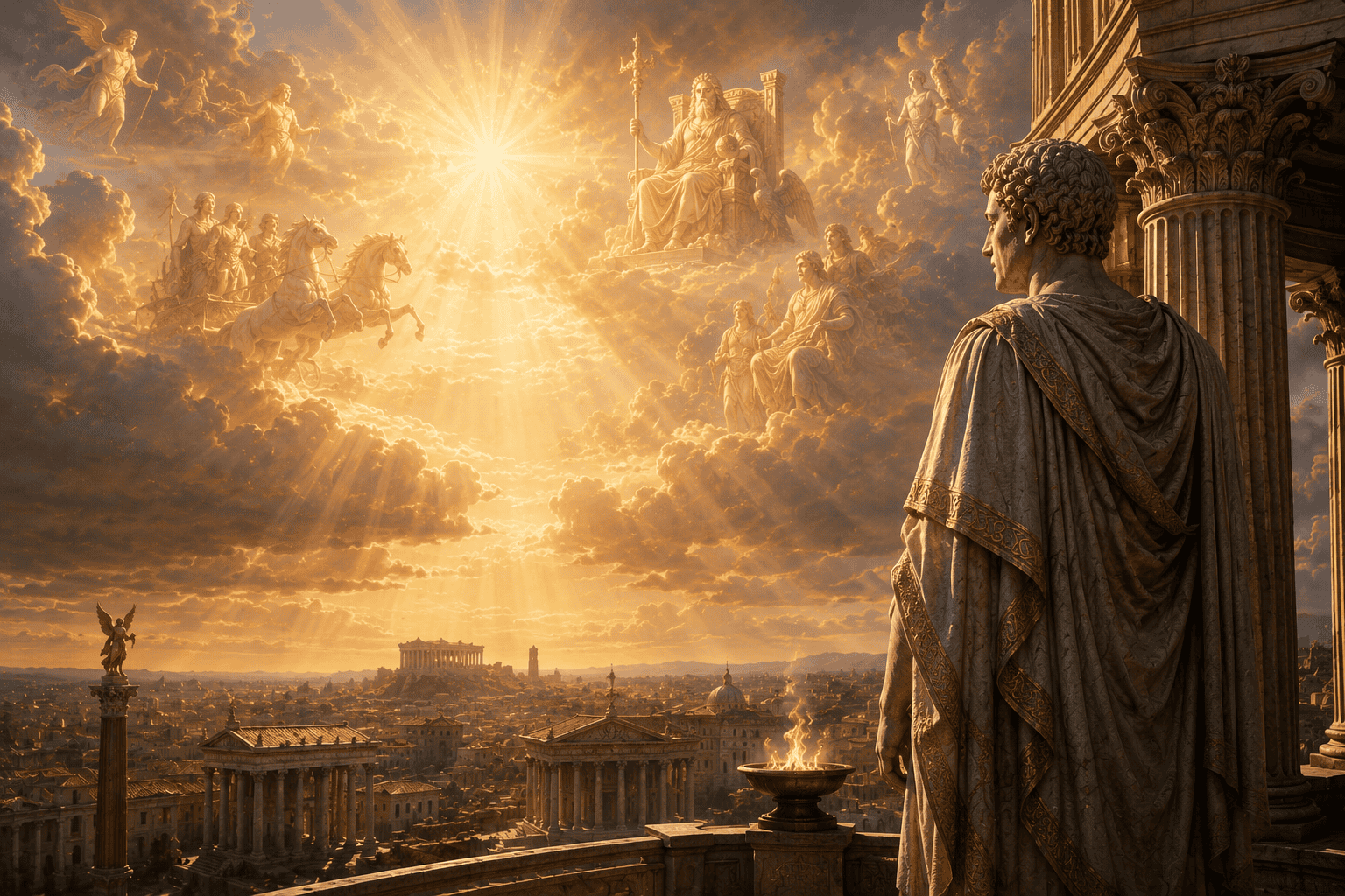 Radiant Roman heavens above ancient Rome with divine figures in golden clouds, temples below, and a robed figure watching from a terrace.