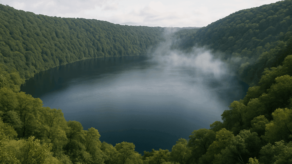 Bright, realistic volcanic crater lake surrounded by lush green forest and rising morning mist, representing Avernus as the mythic entrance to the Roman Underworld.