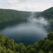 Bright, realistic volcanic crater lake surrounded by lush green forest and rising morning mist, representing Avernus as the mythic entrance to the Roman Underworld.