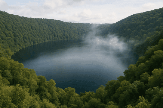 Bright, realistic volcanic crater lake surrounded by lush green forest and rising morning mist, representing Avernus as the mythic entrance to the Roman Underworld.
