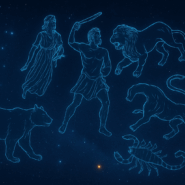 A star-filled Roman night sky with glowing outlines of mythic constellations including Orion, Leo, Virgo, Ursa, and Scorpius against a deep blue celestial backdrop.