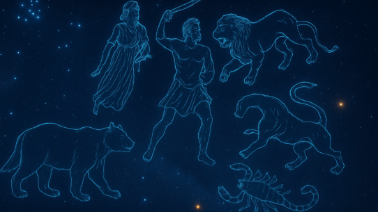 A star-filled Roman night sky with glowing outlines of mythic constellations including Orion, Leo, Virgo, Ursa, and Scorpius against a deep blue celestial backdrop.