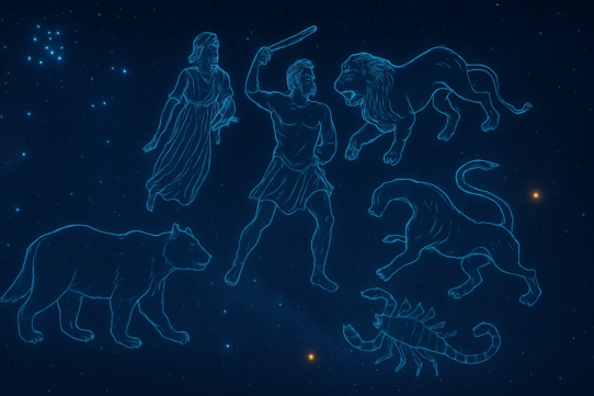 A star-filled Roman night sky with glowing outlines of mythic constellations including Orion, Leo, Virgo, Ursa, and Scorpius against a deep blue celestial backdrop.