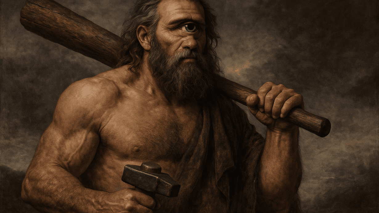 Photorealistic painting of a muscular Cyclops holding a wooden club and iron hammer, with a single central eye and a stormy sky behind him.