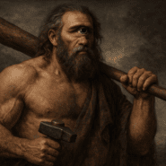 Photorealistic painting of a muscular Cyclops holding a wooden club and iron hammer, with a single central eye and a stormy sky behind him.