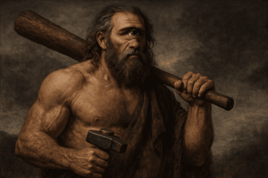 Photorealistic painting of a muscular Cyclops holding a wooden club and iron hammer, with a single central eye and a stormy sky behind him.