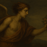Classical-style painting of Favonius, the Roman god of the West Wind, shown as a winged youth holding a small bouquet of flowers against a dim, atmospheric sky.