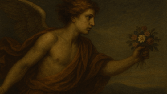 Classical-style painting of Favonius, the Roman god of the West Wind, shown as a winged youth holding a small bouquet of flowers against a dim, atmospheric sky.