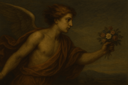 Classical-style painting of Favonius, the Roman god of the West Wind, shown as a winged youth holding a small bouquet of flowers against a dim, atmospheric sky.