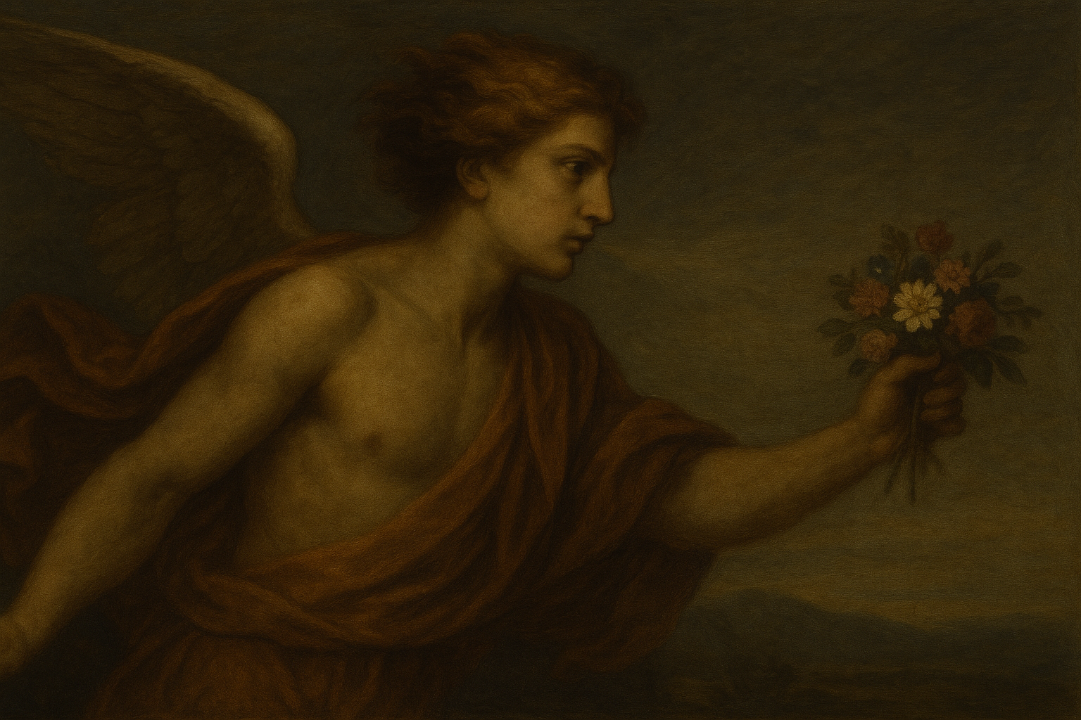 Classical-style painting of Favonius, the Roman god of the West Wind, shown as a winged youth holding a small bouquet of flowers against a dim, atmospheric sky.