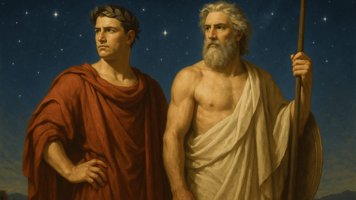 A classical-style painting of a Roman god and a Greek god standing side by side beneath a starry sky, symbolizing the blending of their mythological traditions.