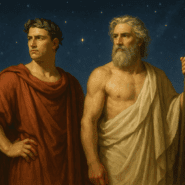 A classical-style painting of a Roman god and a Greek god standing side by side beneath a starry sky, symbolizing the blending of their mythological traditions.