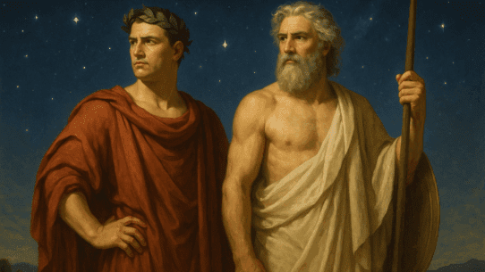 A classical-style painting of a Roman god and a Greek god standing side by side beneath a starry sky, symbolizing the blending of their mythological traditions.