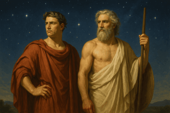 A classical-style painting of a Roman god and a Greek god standing side by side beneath a starry sky, symbolizing the blending of their mythological traditions.