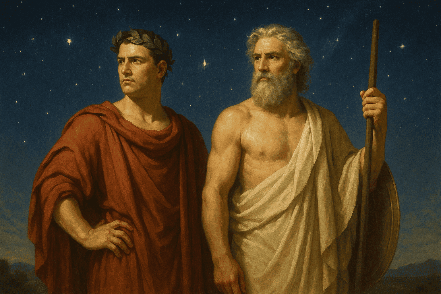 A classical-style painting of a Roman god and a Greek god standing side by side beneath a starry sky, symbolizing the blending of their mythological traditions.