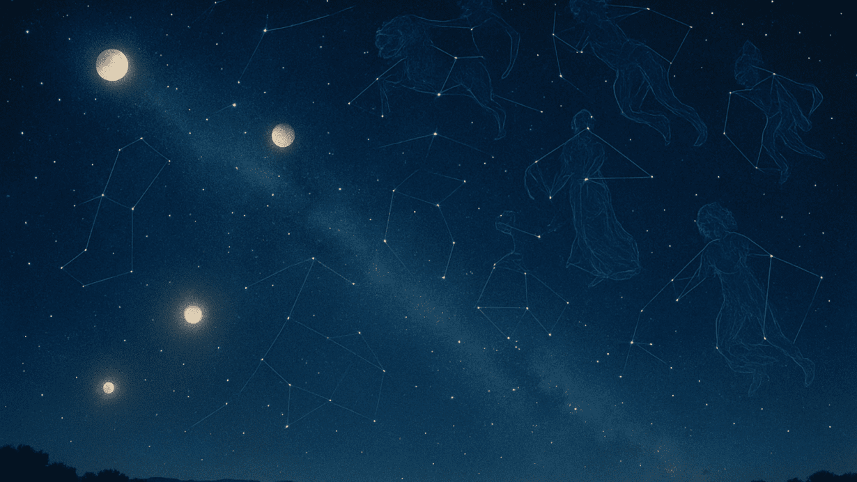 A star-filled Roman night sky with glowing planets, constellations, and mythic celestial figures outlined among the stars, symbolizing Rome’s vision of divine cosmic order.