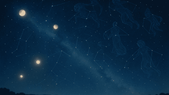 A star-filled Roman night sky with glowing planets, constellations, and mythic celestial figures outlined among the stars, symbolizing Rome’s vision of divine cosmic order.