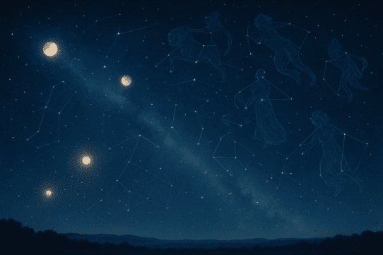 A star-filled Roman night sky with glowing planets, constellations, and mythic celestial figures outlined among the stars, symbolizing Rome’s vision of divine cosmic order.
