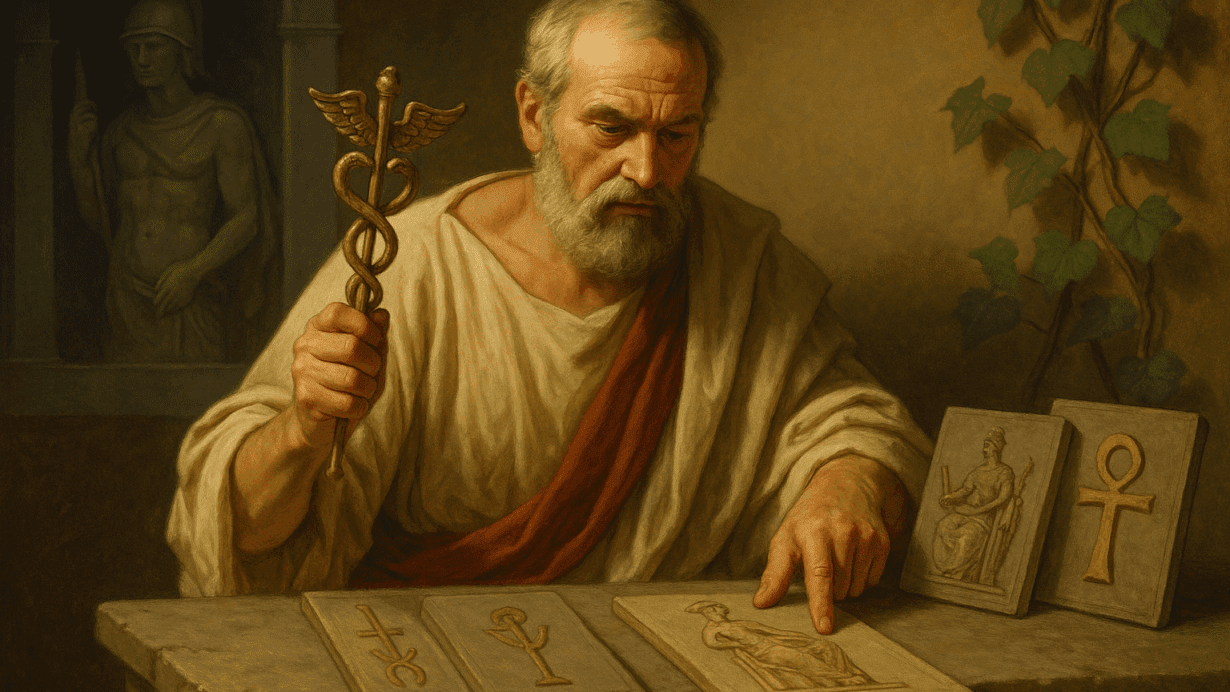 A Roman priest comparing carved symbols of foreign deities to Roman gods, illustrating the concept of interpretatio Romana.