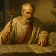 A Roman priest comparing carved symbols of foreign deities to Roman gods, illustrating the concept of interpretatio Romana.